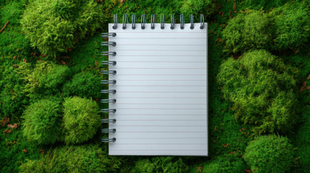 A blank notepad rests on vibrant green moss, offering a peaceful setting perfect for jotting down notes or sketching ideas surrounded by nature's beauty.の素材
