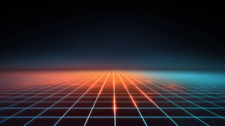Stunning futuristic landscape featuring a neon grid and colorful horizon in a dark space. The design offers a dynamic backdrop perfect for technology and sci-fi themes.の素材