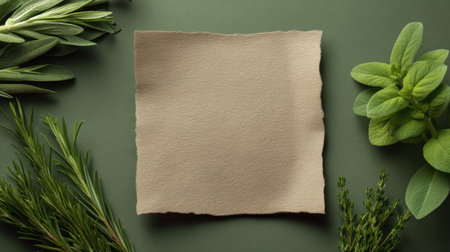 A minimalist display featuring fresh herbs around a textured blank square paper, perfect for culinary design, recipe creation, or artistic presentations in natural settings.の素材