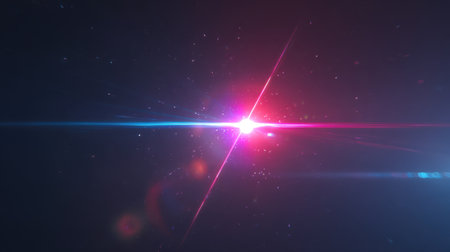 This captivating image features a vibrant light burst with colorful rays and sparkles against a dark background, perfect for artistic backgrounds and creative projects.の素材