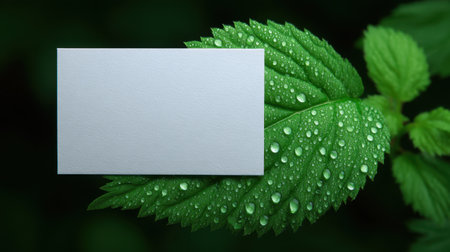 A blank card rests on a fresh green leaf adorned with water droplets, symbolizing purity and nature. Ideal for design templates or promotional materials related to eco-friendly themes.の素材