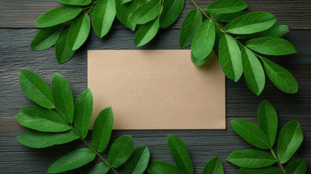 This image showcases a blank card surrounded by lush green leaves on a wooden surface, creating a serene and natural atmosphere ideal for various creative projects.の素材