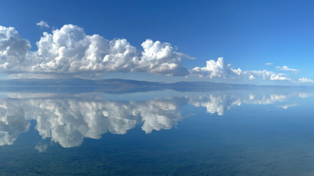 The image captures a serene ocean scene where fluffy clouds reflect beautifully on the calm water surface under a bright blue sky, surrounded by distant mountains.の素材