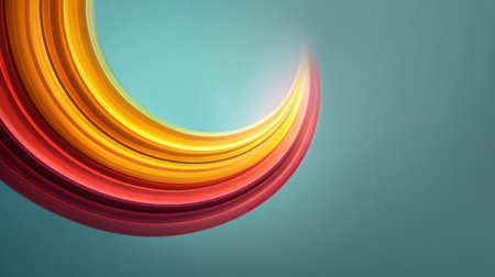A vibrant abstract background showcasing dynamic curved lines in warm shades of yellow, orange, and red, set against a soft blue backdrop, evoking creativity.の素材