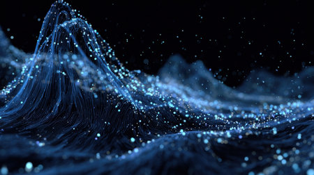 Stunning abstract image of digital waves glistening with particles and light against a dark backdrop. Perfect for themes in technology, science, and art.の素材