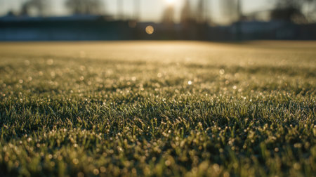 A stunning close-up view showcasing morning dew glistening on fresh grass under warm sunlight, creating a serene and peaceful outdoor atmosphere at dawn.の素材