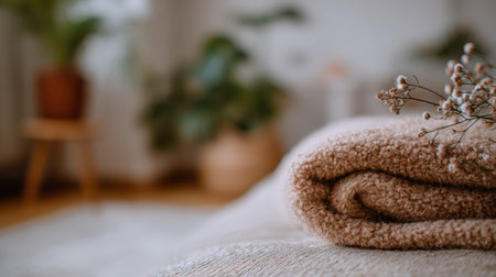 A serene interior scene featuring a rolled soft blanket and delicate dried flowers. The warm ambiance and greenery create a cozy atmosphere perfect for relaxation and comfort.の素材