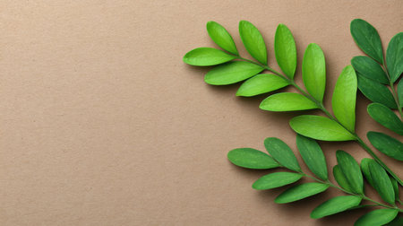 Bright green leaves arranged beautifully on a soft brown background create a fresh and inviting atmosphere. Perfect for nature-inspired projects and eco-friendly themes.の素材