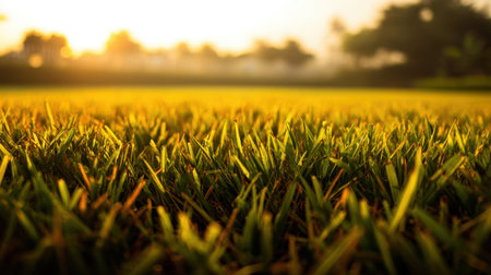 A close-up view of a sunlit grass field captured during the golden hour, highlighting lush greenery and serene beauty, perfect for nature-themed projects.の素材