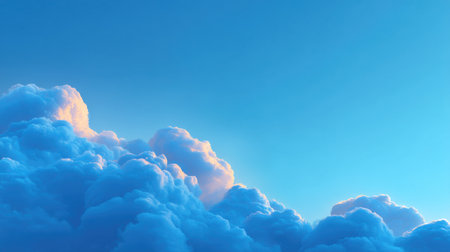 A breathtaking view of a clear blue sky adorned with fluffy clouds glowing in soft morning light, creating a soothing and tranquil atmosphere for various uses.の素材