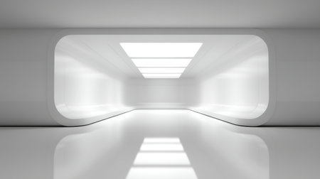 A spacious and bright interior scene featuring smooth white surfaces and illuminated panels, perfect for showcasing modern minimalist design concepts and aesthetic vibes.の素材