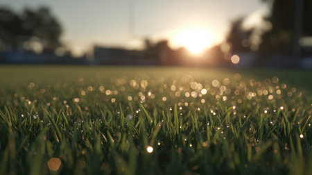 This stunning close-up photograph showcases dew-covered grass blades at sunrise, creating a serene and tranquil atmosphere with beautiful bokeh effects in the background.の素材
