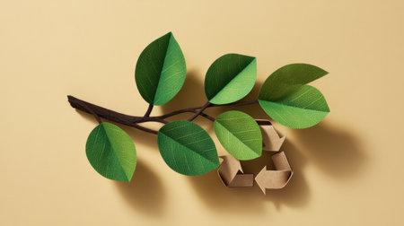 Creative representation of a paper branch adorned with green leaves and a recycling symbol, depicting themes of sustainability, nature conservation, and eco-friendliness.の素材