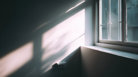 A beautiful scene of soft natural light spilling through a window, casting gentle shadows on a minimalist wall and floor, creating a serene and inviting atmosphere.の素材