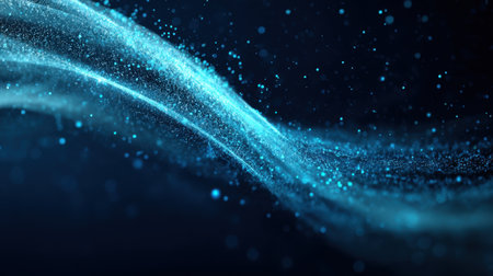 Captivating abstract background features glowing blue dust particles flowing in a wave pattern, creating a mesmerizing blend of light and motion, perfect for modern visuals.の素材