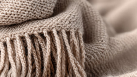 This detailed image showcases a cozy beige wool scarf with a soft texture and elegant fringe, ideal for winter fashion and enhancing any warm outfit.の素材