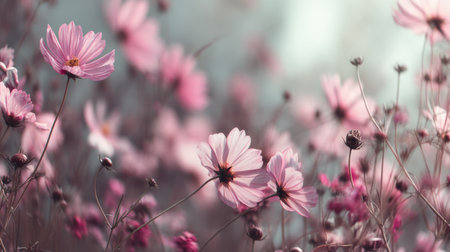 This captivating image showcases delicate pink cosmos flowers swaying gently in a serene meadow, embodying the tranquil essence of nature's beauty and soft pastel tones.の素材