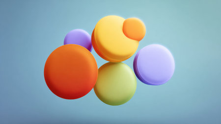This colorful image features an arrangement of vibrant spheres and discs, showcasing modern design elements. Ideal for artistic concepts, creative projects, and inspiration.の素材