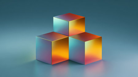 Three colorful geometric cubes showcase smooth gradients and reflective surfaces, creating an abstract visual effect on a minimalist background, emphasizing contemporary design.の素材
