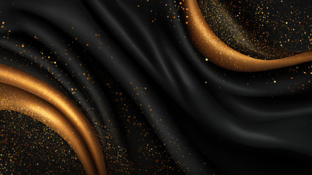 Discover a stunning black satin fabric adorned with gold glitter accents, perfect for creating a luxurious background for various design projects and presentations.の素材