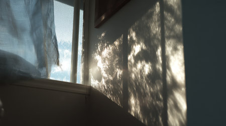 A tranquil scene capturing soft sunlight through sheer curtains, casting delicate shadows on the wall, creating an inviting and peaceful indoor atmosphere.の素材