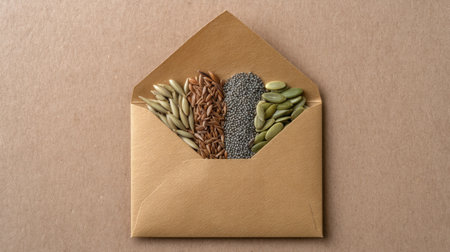 A top-down view of an envelope containing various natural seeds like flax, pumpkin, and poppy on a textured brown surface, perfect for promoting healthy cooking.の素材