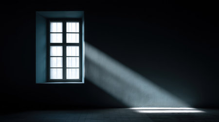 A serene view of a dark room where soft sunlight filters through a window, highlighting the contrast of light and shadow, perfect for evoking tranquility and minimalism.の素材