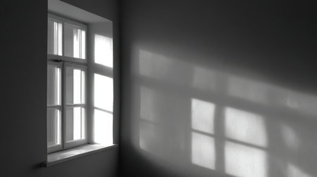 A serene black and white photo captures sunlight streaming through a window and casting intricate shadows on a minimalist wall, evoking tranquility and simplicity.の素材