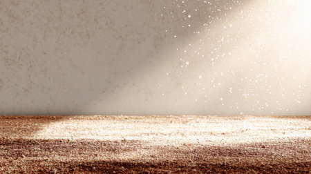 Gentle sunlight streams through dust, casting a warm glow over a rustic surface, creating a peaceful and serene atmosphere perfect for artistic expression and design.の素材