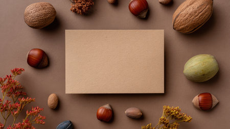 A beautifully arranged flatlay featuring assorted nuts, seeds, and dried flowers on a textured brown background, perfect for eco-friendly design projects and natural aesthetics.の素材