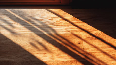 A beautiful play of soft golden sunlight creates intricate shadows on a wooden floor, enhancing the serene atmosphere of a cozy indoor setting.の素材