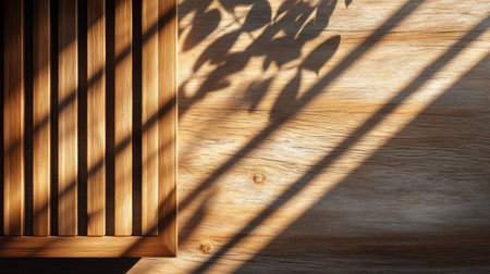 Capture the essence of natural warmth with this wooden wall featuring intricate shadow patterns from leaves, creating a serene and inviting atmosphere.の素材