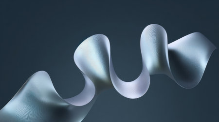 This image features an abstract flowing ribbon with elegant curves and a cool gradient texture against a dark background, ideal for modern design and art concepts.の素材