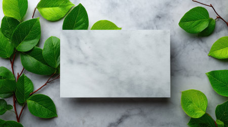 A beautiful marble surface complemented by lush green leaves, perfect for showcasing products, creating modern presentations, or adding a touch of nature to designs.の素材