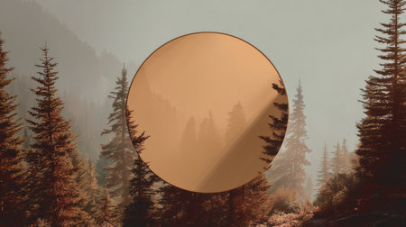 Captivating autumn sunset view through a round glass lens, framing a tranquil mountain landscape with tall trees enveloped in soft mist, highlighting natural beauty.の素材
