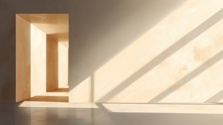 A captivating minimalist interior scene showcasing an open doorway. Soft natural light streams in, illuminating smooth walls and creating a serene atmosphere.の素材