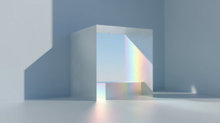 A serene space featuring a minimalistic structure with light reflections and a subtle rainbow effect. Perfect for showcasing modern design and calm aesthetics.の素材