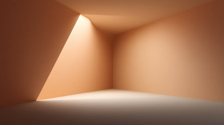 A serene and minimalist interior space with warm peach walls and unique lighting casting soft shadows, ideal for creative projects, designs, and artistic presentations.の素材