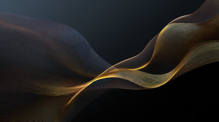 A captivating abstract representation of flowing golden waves against a dark background, showcasing smooth curves that evoke movement and elegance in design.の素材