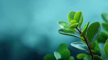 A close-up image of fresh green leaves against a soft blue background evokes a sense of calm and tranquility, perfect for nature-themed projects and wellness spaces.の素材