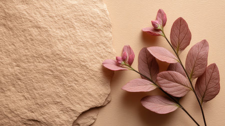 This image features a beautiful composition of pink leaves next to textured paper on a soft beige backdrop, perfect for evoking a sense of calm and elegance.の素材