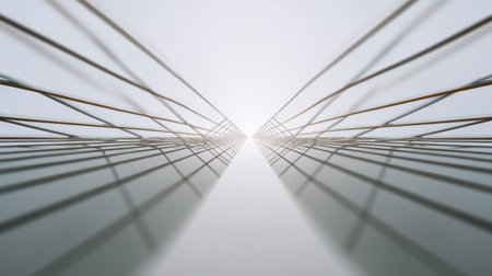 This image showcases abstract architectural lines converging towards a bright light source, creating a minimalistic and serene atmosphere perfect for modern design.の素材