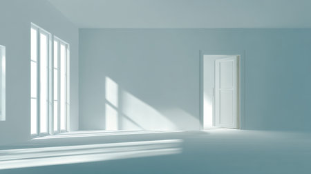 This image captures a bright and airy minimalist room featuring an open door and sunlight streaming through. The empty space invites creativity and design inspiration.の素材