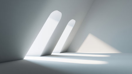 A serene, minimalist interior featuring three arched windows that allow natural light to create soft shadows on a smooth floor, perfect for modern design concepts.の素材