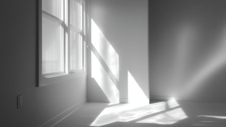A serene interior space featuring a bright room with light filtering through a window, casting dramatic shadows on the minimalist design elements.の素材