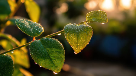 Sparkling dew drops cling to fresh green leaves, capturing morning sunlight in a stunning display of natural beauty. This image radiates tranquility and freshness.の素材