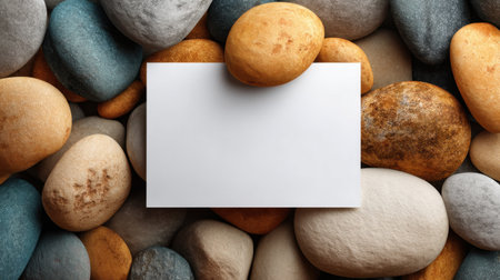 A blank white paper rests among colorful smooth stones, creating a serene and natural background suitable for various design and marketing projects. Ideal for templates.の素材