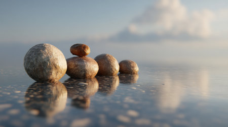 A stunning arrangement of smooth stones rests on a tranquil water surface, reflecting soft clouds and warm light, creating a serene atmosphere perfect for relaxation.の素材