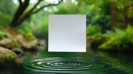 A captivating image of a blank white canvas floating above a tranquil water surface, surrounded by lush greenery, inviting artistic inspiration and creativity amidst nature.の素材