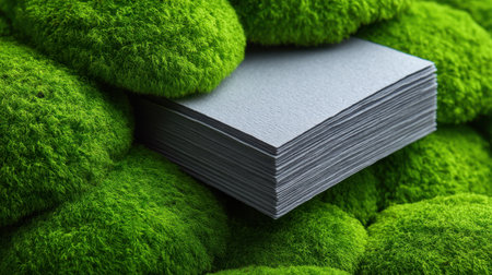 This captivating image showcases a neat stack of paper nestled among vibrant green moss, highlighting the juxtaposition of modernity and nature's beauty.の素材